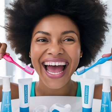 close-up-shot-joyful-afro-american-woman-holds-two-tooth-brushes